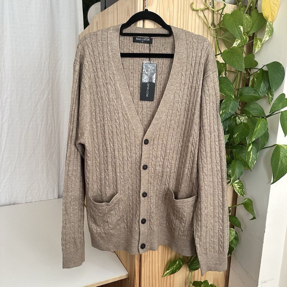 NWT‎ Kallspin Wool Cashmere Cable Knit Cardigan Men M Brown Beige Pockets Preppy